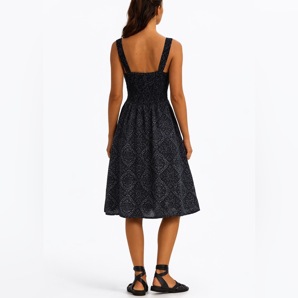 Organic Viscose Smocked Waist & Back Black Patterned Dress with Pockets Fits S/M - Picture 6 of 16